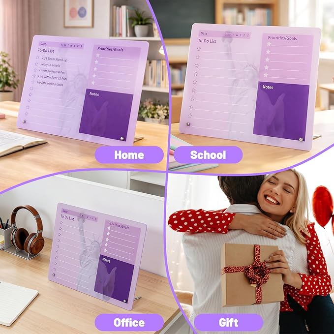 LeMotech Desktop Acrylic Dry Erase Board, 12x10 inches to-Do List Planner, Tabletop Whiteboard with Stand Office Supplies Includes 2 Markers & 1 Eraser, Purple Statue of Liberty Pattern, 2 Pack