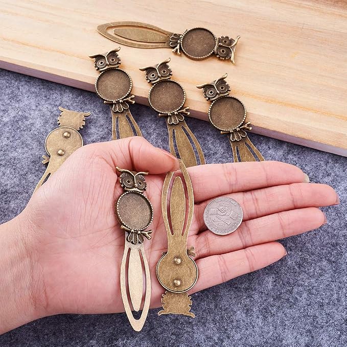 FASHEWELRY 10Pcs Antique Bronze Bookmark Pendant Blank Tray 3/4 inch (20mm) Round Bezel Base Cabochon Setting Charms (Owl)