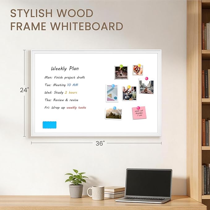 White Board for Wall, 36" x 24" Magnetic Dry Erase Board, Decorative Wooden Frame Large Whiteboard, Wall Mounted, Aesthetic Writing Board for Home, Office, School - White