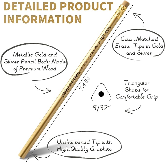 M&G Gleam Series 24 Pack HB Triangular Wood-Cased Pencils, Unsharpened with Matching Erasers, Smooth Writing Break-Resistant Core, Gold and Silver Solid Barrels for School Office Classroom Supplies