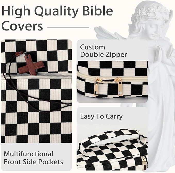 Bible Cover Case for Women Corduroy Bible Case for Girls Checkered Large Bible Cover with Handle Bible Study Supplies Accessories Christian Gifts for Women (Black, Medium)