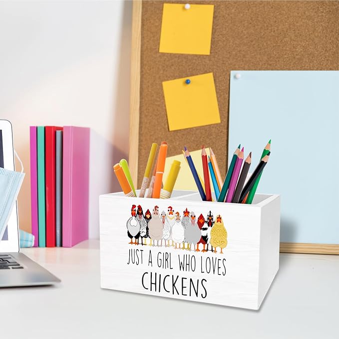 Funny Chicken Pen Holder for Desk, Chicken Lover Mom Lady Gifts Pencil Organizer, Just a Girl Who Loves Chickens Wooden Box Sign Desk Decor for Home Office Decoration