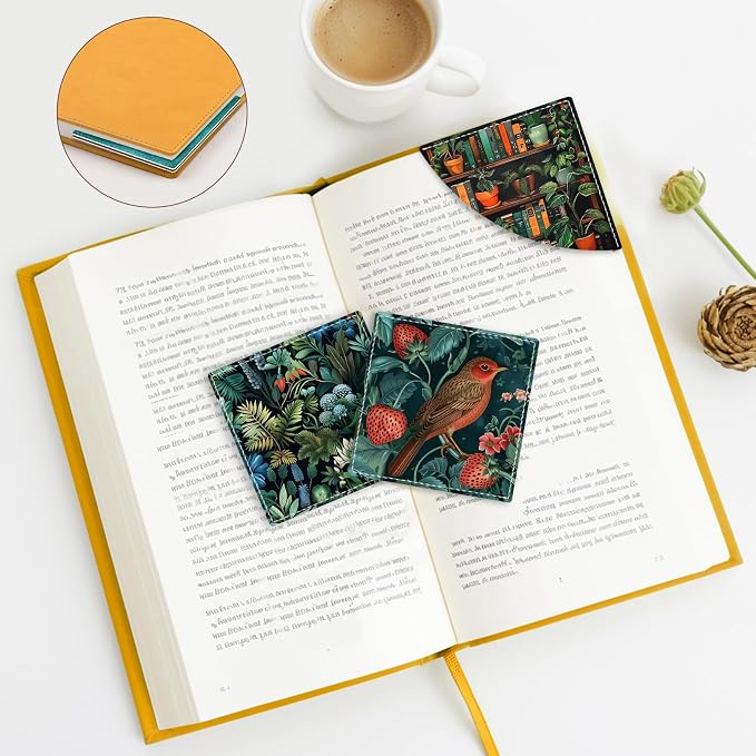 Icycay Floral Birds Corner Bookmarks, Cute Leather Book Accessories for Book Lovers, 3 Pcs Reading Book Page Markers for Women Men Student Teacher Girls Boys Kids Retirement Birthday Gifts