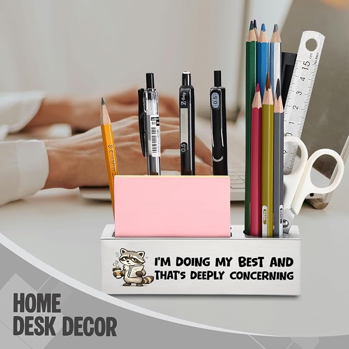 FOKCBOCM Funny Office Pen Holder with Raccoon Design, Stainless Steel Desk Organizer Gift for Coworker, Sarcastic Work Humor Workspace Decor, Stress Joke Desk Accessory-DS114