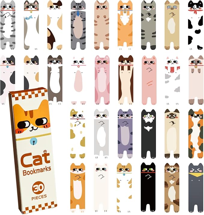 30Pcs Cat Bookmarks, Cute Paper Book Marks for Reading Kids, Double-Print Bookmark for Book Lovers, Student, Girls, Boys, Classroom