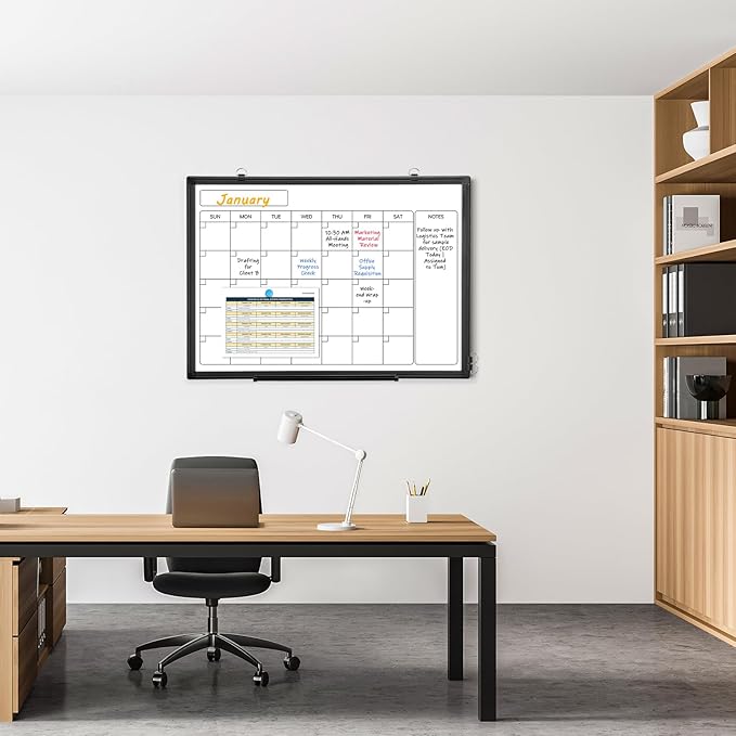 Monthly Calendar Dry Erase Whiteboard, 30" x 20" Magnetic Calendar White Board, Double-Sided Portable Board with Black Aluminium Frame for Office, Kitchen, School, Home