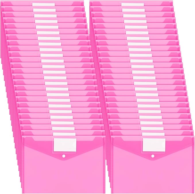 Yeaqee 50 Pcs Plastic Envelopes Poly Envelopes File Folders with Snap Button Closure Clear Folders for Documents US Letter A4 Size Filing Holder with Label Pocket for Home Office School(Pink)