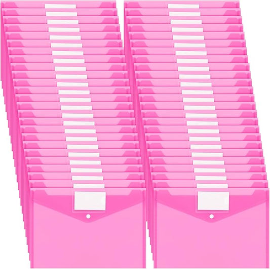 Yeaqee 50 Pcs Plastic Envelopes Poly Envelopes File Folders with Snap Button Closure Clear Folders for Documents US Letter A4 Size Filing Holder with Label Pocket for Home Office School(Pink)