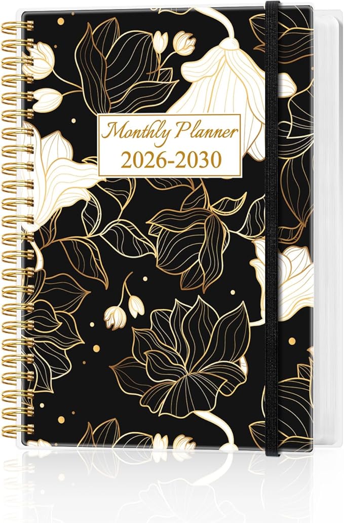 2026-2030 Monthly Planner - 60 Month PLanner Calendar from January 2026 to December 2030, 5 Year Planner 2026-2030 with Flexible Cover, Inner Pocket, Perfect for Home | School | Office, 5.8" x 8.5", White Gold Flower
