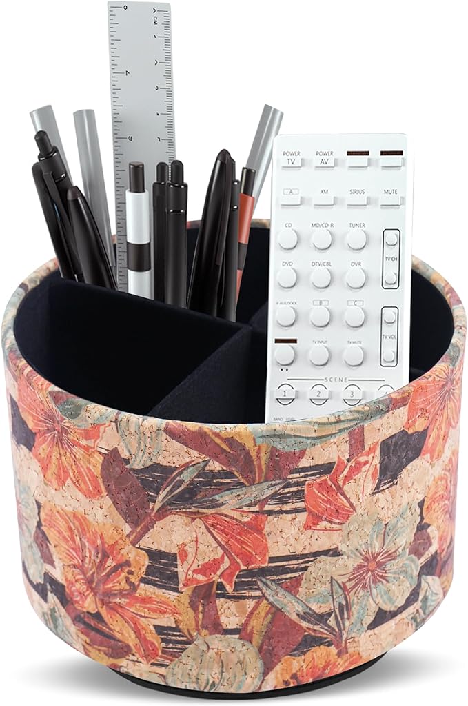 Round Leather Art Supply Organizer,Remote Control Holder,360 Degree Spinning,Multi-Functional Pencil Holder,4 Compartments Desktop Stationary Organizer(1-Organizer Blue Flower)