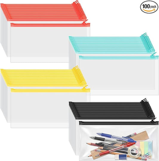 ReliThick 100 Pack Zipper Pouches Bags Bulk 9.8x6.7 Inches Pencil Pouches Case Waterproof Small Zipper Bags for Travel Cosmetics Office Supplies Storage(Black, Red, Yellow, Green)