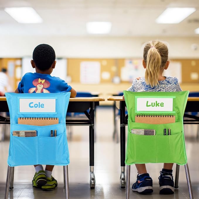 12pcs for Classroom 16.3x19.7inch Classroom Chair Pockets with Name Tag 3 Pockets Chair Organizer for Teacher Student School Office(Rainbow)