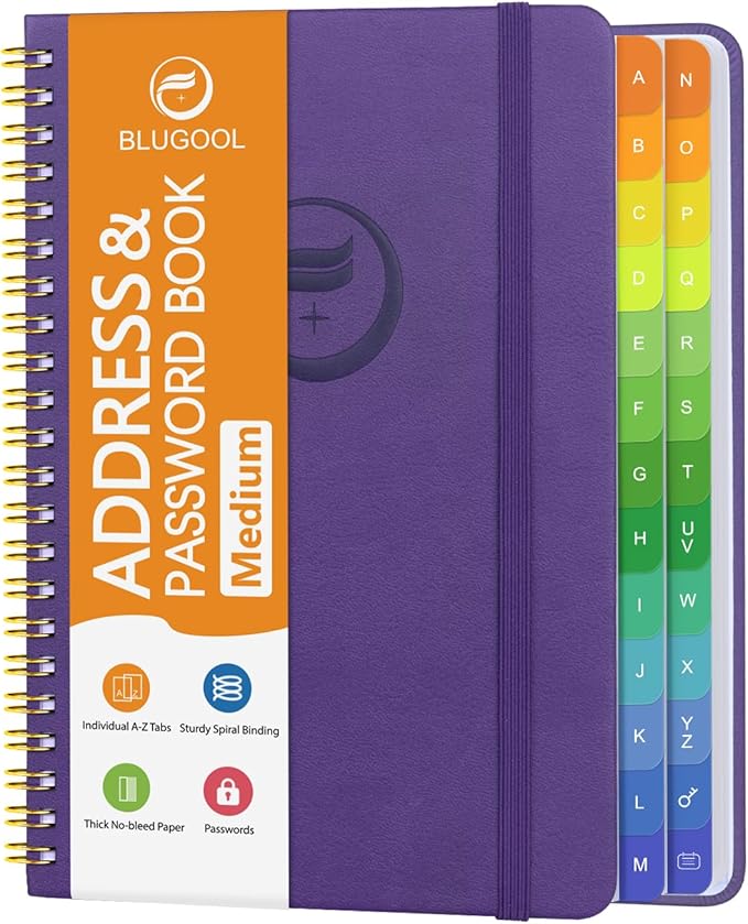 Address Book with Alphabetical Tabs-Address and Password Book for Seniors - Hardcover Spiral Bound Phone Book- Record Contacts, Website Login Passwords, Special Days -5.7" x 7.7", Purple