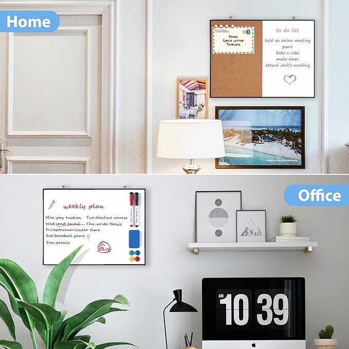 ARCOBIS Cork Board White Board Combo, 12"X16" Small Bulletin Board for Wall, Double-Sided Magnetic Dry Erase Corkboard, Vision Whiteboard for Office,Home,School, Black
