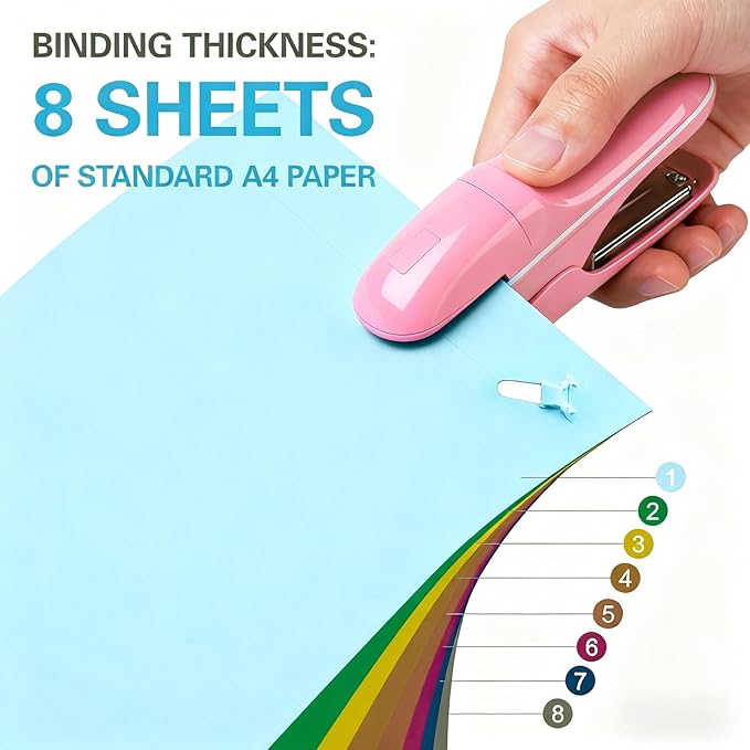 Stapleless Stapler, Staplers for Desk,Mini Stapler,Office Supplies,Paper Clinch Compact Staple Free Staple,with Labor Saving Structure Design for Office School, Up to 8 Sheets Binding, Ivory Pink