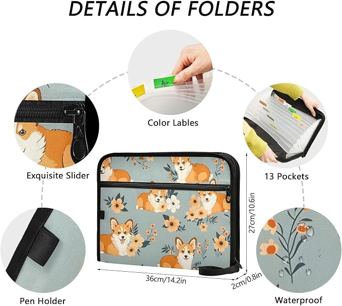 Expanding File Folder Corgi Flower Cute Accordion File Organizer 13 Pockets Document Organizer with Zipper Labels A4 Letter Office Storage