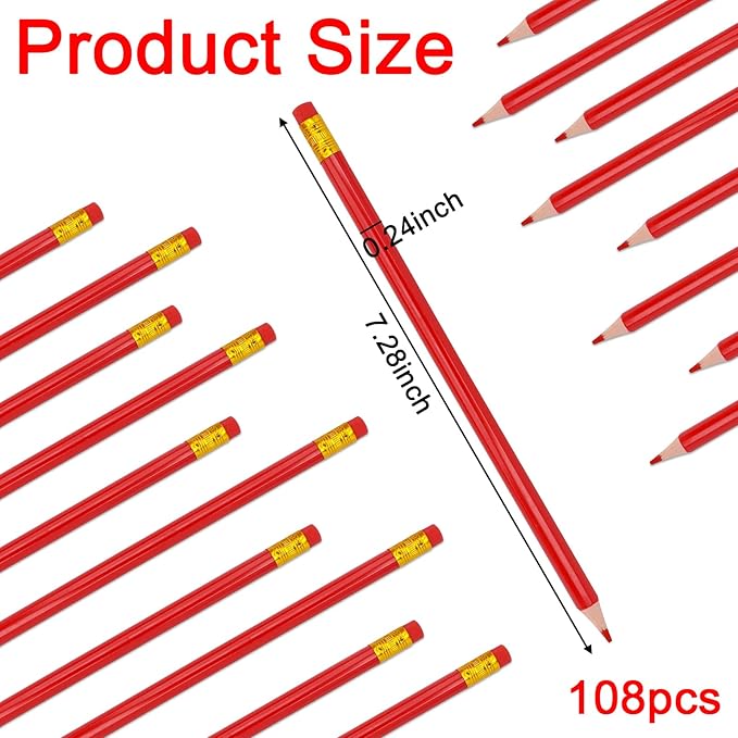 108 Pieces Pre-Sharpened Red Pencils with Eraser - Erasable 2 HB Red Checking Pencils for Test Grading, Correcting, Map Coloring, Editing & Office Supplies