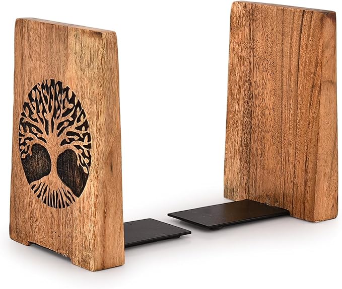 NIRMAN Office Bookends Iron & Acacia Wood Tree of Life Office Bookends for Shelves or Bookcase Heavy Bookends, Home Décor Gift (4"" X 4"" X 6""), (Set of 2), Brown