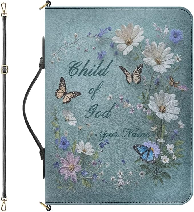 Custom Bible Carrying Case for Women, Personalized Bible Cover with Name, Butterflies and Daisies Print Book Organizer with Strap Handle Inner Pockets and Pen Loop, Biblia Study Supplies