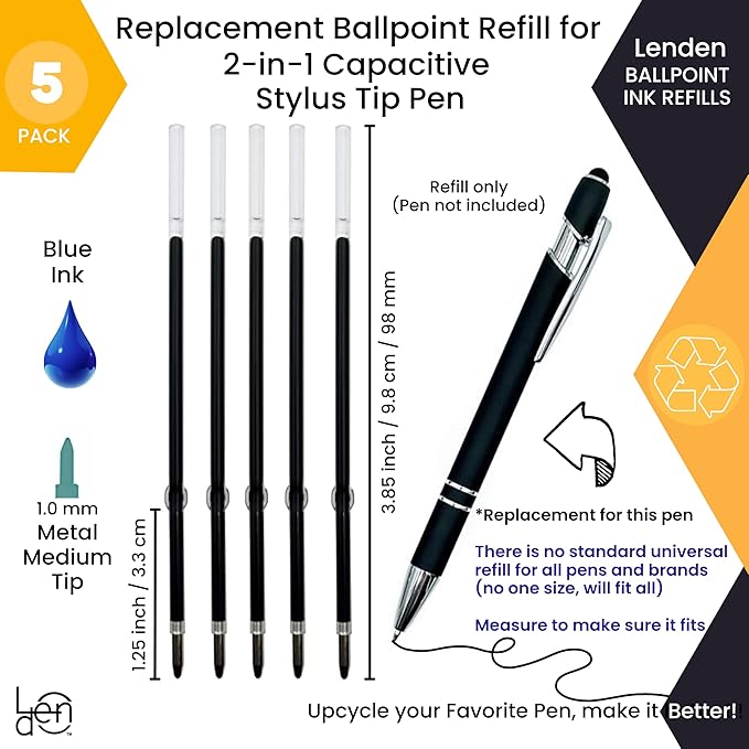 Lenden Pack of 5 Replacement Ballpoint Blue Ink Refill for Rubberized Comfort Soft Touch 2 in 1 Ballpoint Pen Capacitive Stylus Tip (Blue Replacement Refill)