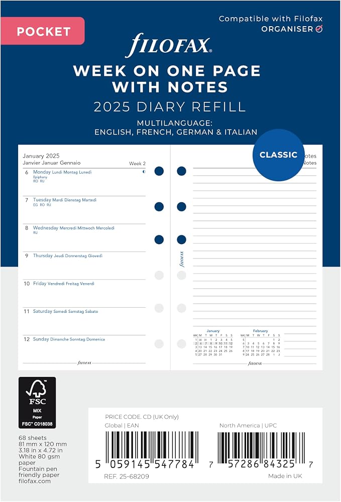 Filofax Calendar Diary Refill, Pocket Size, Week on One Page with Notes, White Paper, Multilingual: Four Languages, 2025 (C68209-25)