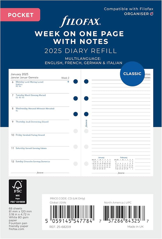 Filofax Calendar Diary Refill, Pocket Size, Week on One Page with Notes, White Paper, Multilingual: Four Languages, 2025 (C68209-25)