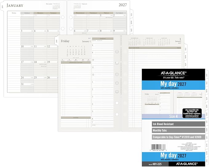 AT-A-GLANCE 2027 Planner Refill Daily, 5.5" x 8.5", Desk Size 4, Two Page Per Day Refill, 7-Ring Loose-Leaf (481-225-27)