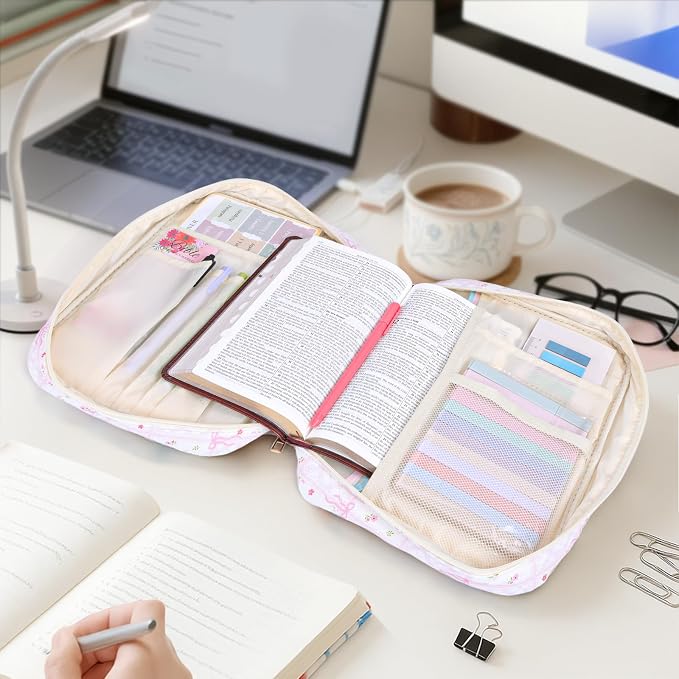 XKDOUS Bible Cover for Women Carrying Book Case with Zipper Pocket and Handle, Tabs, Study Supplies Organizer Quilted Bible Bags Floral Pattern Large Book Carrier
