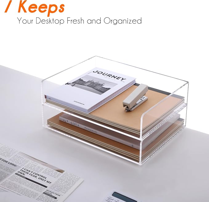 HeZone Paper Organizer, 2 Tier Stackable A4 Size Acrylic Letter Tray, Office/Home/School Organization - Clear