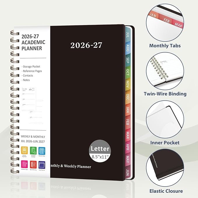 Planner 2026-2027, Weekly and Monthly Academic Year Calendar Planner, July 2026 - June 2027, Daily Agenda Book for Office School Supplies, Letter Size(8.5'' x 11'')