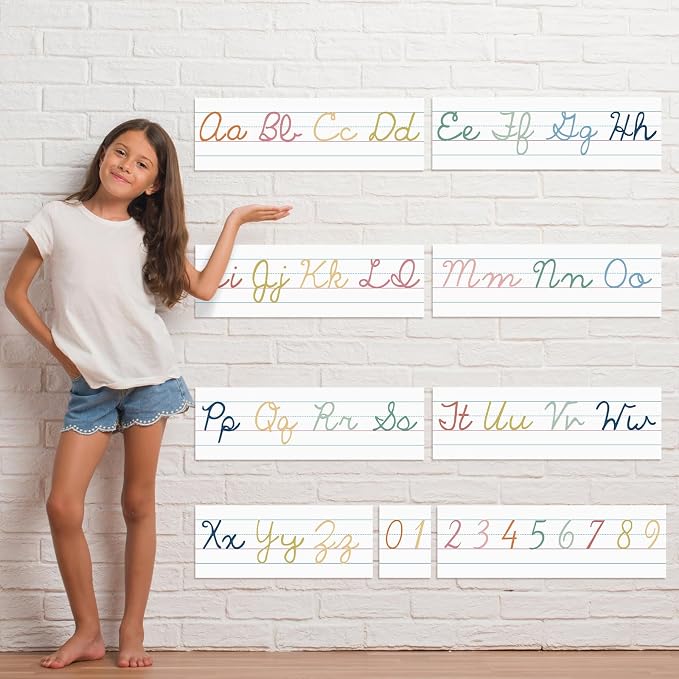 Set of 9 Cursive Writing Bulletin Board Cursive Alphabet Wall Strip for Teacher Supplies, Classroom Teaching Tool, Homeschooling, Kids Education(Colorful)