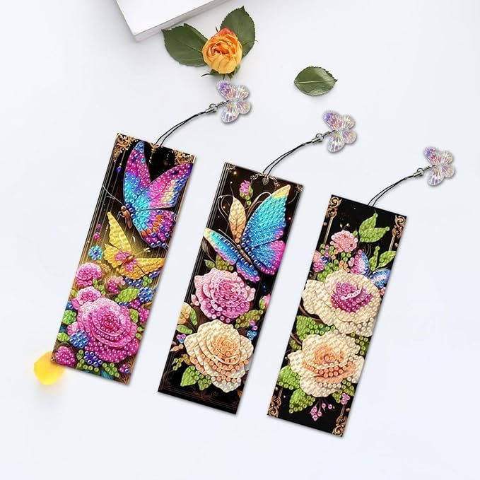 ARTopet 3Pcs DIY Diamond Art Painting Bookmarks with Colorful Butterfly Pendant PET Bookmark Ornament Double Sided Pattern Single Sided Diamond Book Marker Clip Gifts Tags-Colorful Butterfly