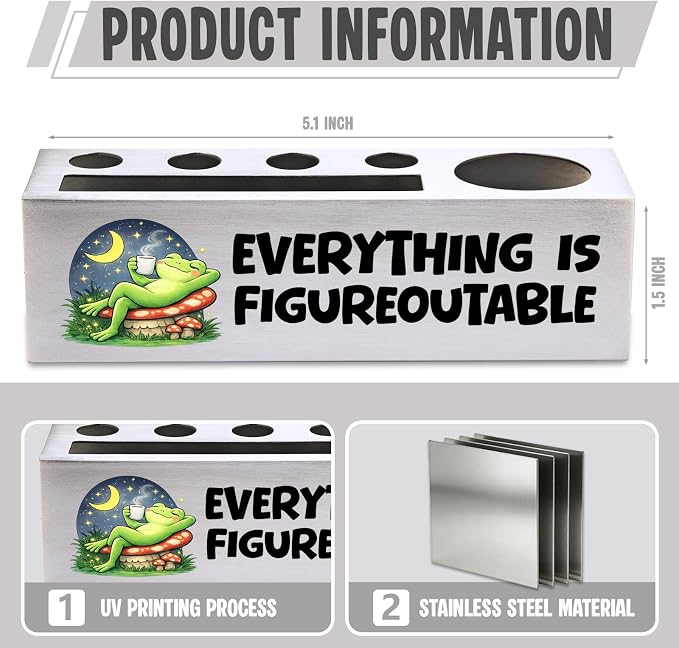 FOKCBOCM Motivational Office Pen Holder with Frog Night Design, Stainless Steel Desk Organizer Gift for Coworker, Calming Workspace Decor, Positive Daily Reminder Desk Accessory-DS120