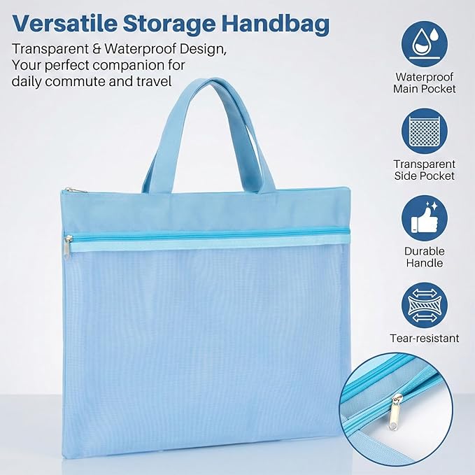 Mesh Zipper Pouch with Handle - 11 x 13.7 Inch Reusable Double Pocket Zipper Pouch, Foldable Nylon File Bag, Large Capacity Lightweight Document Storage for Puzzles Books Office Travel Shopping, Blue