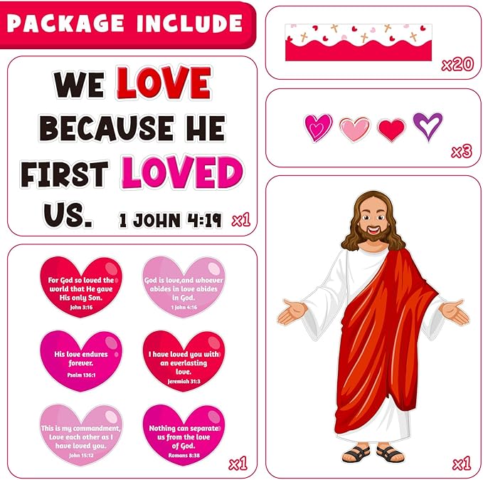 Valentine's Day Religious Bulletin Board Decoration Set, Valentines Day Christian Love God Classroom Decorations Jesus Lord Heart Cutouts Church Library School Home Window Wall Door Decor for Teacher
