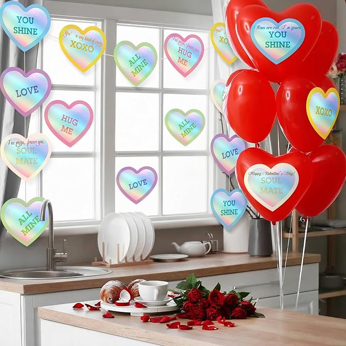 TaoBary 24 Pcs 7.08 Inch Large Heart Cutouts Shiny Iridescent Valentine's Day Conversation Heart Paper Cutouts Craft Pastel Valentines Bulletin Board Decorations for Classroom Poster Wall Party Decor