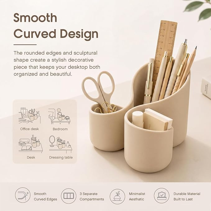 Aesthetic Desk Organizer Boho Pen Holder Modern Pencil Holder Beige Plastic Makeup Brush Organizer for Office Desk Accessories Stylish Home Office Art Decor Supplies (3 Slots)