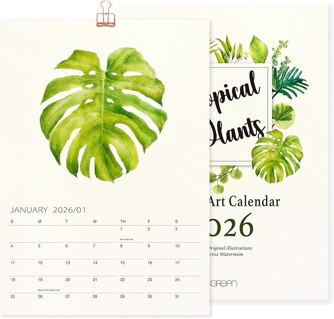Tropical Plant Art - 2026 Botanical Watercolor Wall Calendar, Foliage Painting Planner, Christmas Gift for Plant Lover, A4 21 x 29.7 cm (2)