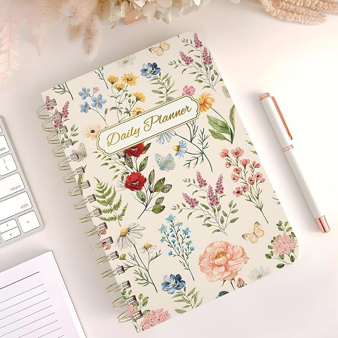 Undated Daily Planner - Spiral Notebook 80 Days One Day Per Page, Hourly Schedule, To-Do List, Notes, Everyday Planning Task, A5 Hardcover Journal Organizer Book Women Cute Aesthetic, Floral