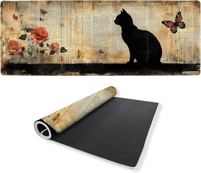 Black Cat Desk Mat 35.4 x 15.7 Inches Rose Butterfly Vintage Book Gaming Mouse Pad with Non-Slip Rubber Base, Smooth Cloth Surface Desk Keyboard Mat for Computer, PC, Laptop, Desktop