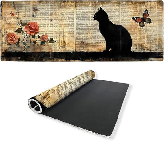 Black Cat Desk Mat 35.4 x 15.7 Inches Rose Butterfly Vintage Book Gaming Mouse Pad with Non-Slip Rubber Base, Smooth Cloth Surface Desk Keyboard Mat for Computer, PC, Laptop, Desktop