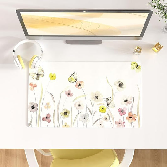 Colorful Star Large Mouse Pad, Watercolor Floral Desk Mat Office Supplies, Waterproof PU Leather Gaming Mousepad for Women Girls, Butterflies Desk Pad Home Office Décor Accessories 23.6" x 13.8"