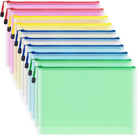 10 Pcs Zipper File Bags, Waterproof Plastic Mesh Pouch for Office School, Board Game Storage Bags (A4 Size 13.4''x9.4'', Multicolored)