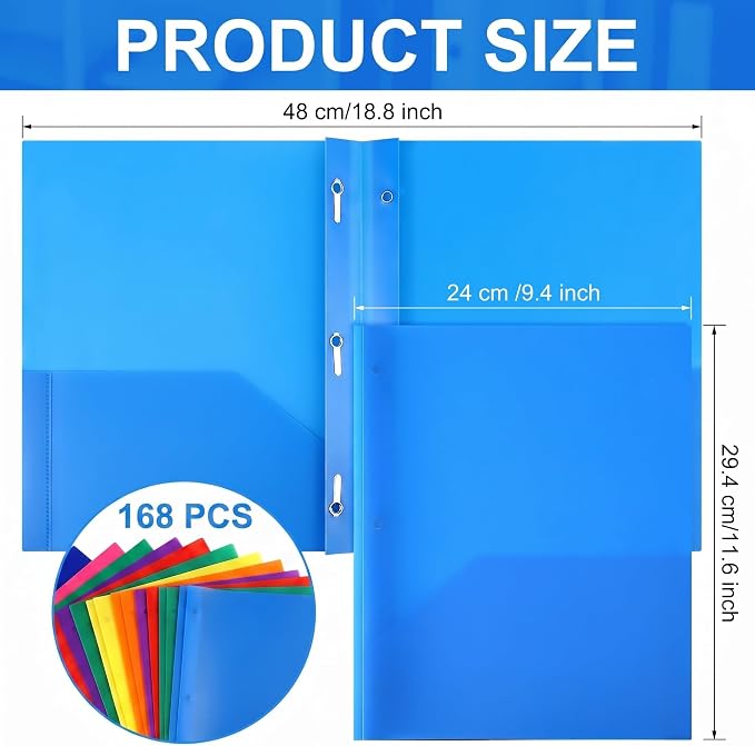 Cholemy 168 Packs Pocket Folders with Prongs Heavy Duty Plastic Folder with Business Card Slot 3 Prong Fasteners for School Office (Cute)