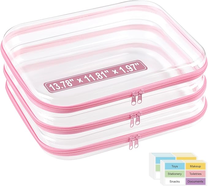 3 Pack Extra Large Clear Hard Shell Zipper Case with Labels, Crush Proof Plastic Storage Bins for Home Organization, Hard Case for Board Games Puzzles Toys Stationery Makeup A4 Documents, Pink