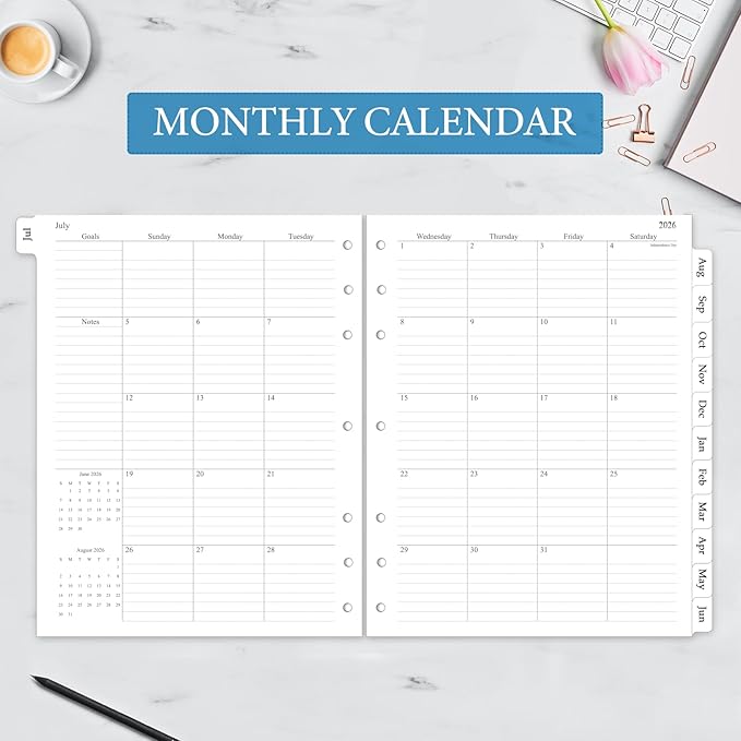 2026-2027 Weekly & Monthly Planner Refill, A4 Letter Size Inserts for 3 Ring Binder, Size 5, 8.5"x11", July 2026 - June 2027, 7/3-Hole Punched