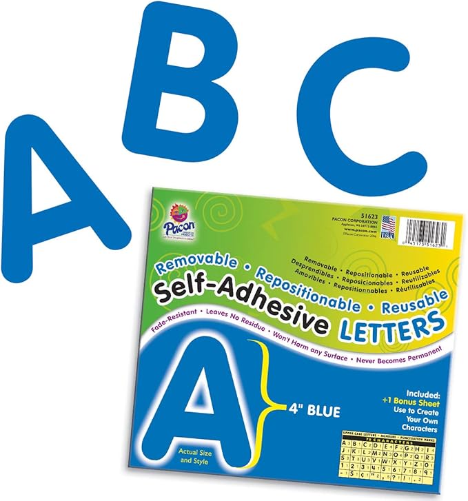 Pacon® PAC51623 Self-Adhesive Letters - Removable, Repositionable, Reusable, 4", Blue, 78 Pieces