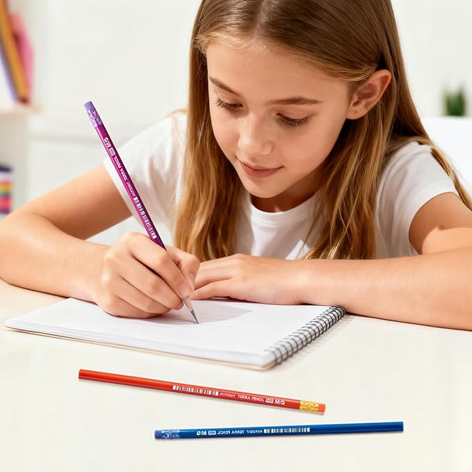 M&G Terra Series 24 Pack HB Triangular Wood-Cased Pencils, Unsharpened with Matching Erasers, Smooth Writing Break-Resistant Core, 6 Solid Metallic-Tone Colors for School Office Classroom Supplies