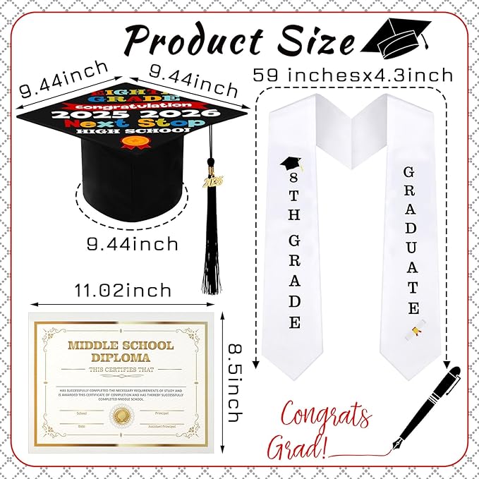 JaGely 3 Pcs 8th Grade Graduation Set Class of 2026 Graduation Cap and Stole Sash with Diploma Certificates Set for Middle School Students Supplies Teachers Parents Gifts