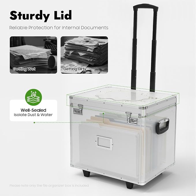 Rolling File Box with Telescopic Handle, Locking File Cabinet with Lock, Files Cart with Wheels, Mobile Business Case, Aluminum Alloy Hand Pull File Case for Home, Office, Bank - Silver